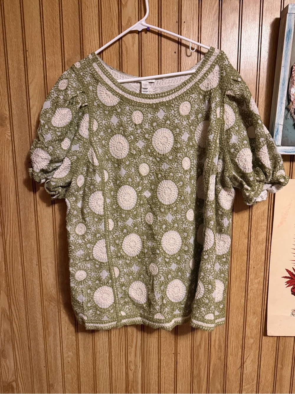 Cato Olive and Cream Puff-Sleeve Knit Blouse